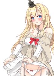 Rule 34 | 1girl, absurdres, blonde hair, blue eyes, braid, breasts, clothes lift, corset, crown, dress, dress lift, flower, french braid, garter straps, highres, jewelry, kantai collection, long hair, long sleeves, looking at viewer, medium breasts, mini crown, necklace, nitamako (sakamalh), off-shoulder dress, off shoulder, panties, red flower, red ribbon, red rose, ribbon, rose, simple background, solo, underwear, warspite (kancolle), white background, white dress, white panties