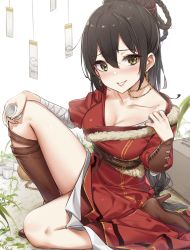 Rule 34 | 1girl, absurdres, bandaged arm, bandages, black hair, blush, boots, braid, breasts, brown eyes, brown footwear, cleavage, collarbone, commentary request, cup, earrings, fur-trimmed kimono, fur trim, hair between eyes, hand up, highres, holding, holding cup, japanese clothes, jewelry, kimono, knee boots, knee up, large breasts, long hair, looking at viewer, original, parted lips, puffy short sleeves, puffy sleeves, red kimono, short sleeves, sitting, smile, solo, very long hair, wet.elephant, white background