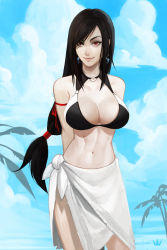 Rule 34 | 1girl, bikini, black bikini, blue sky, closed mouth, cloud, cloudy sky, commentary, contrapposto, day, dolphin earrings, earrings, english commentary, final fantasy, final fantasy vii, highres, jewelry, long hair, looking at viewer, low-tied long hair, navel, nikusenpai, o-ring, o-ring top, outdoors, palm tree, red eyes, sarong, signature, sky, smile, solo, standing, swept bangs, swimsuit, tifa lockhart, tree