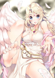Rule 34 | 1girl, angel wings, barefoot, blonde hair, blue eyes, breasts, cleavage, feathers, feet, hand on own chest, ilias, jewelry, large breasts, long hair, looking at viewer, lots of jewelry, mon-musu quest!, open mouth, reaching, reaching towards viewer, smile, soles, solo, tiara, toenails, toes, wings, yappen, yatsu (sasuraino)