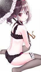 Rule 34 | 1girl, :o, bad id, bad pixiv id, black bra, black panties, bow, bra, floral print, gloves, grey gloves, grey hair, grey thighhighs, grey umbrella, hair bow, holding, holding umbrella, idolmaster, idolmaster cinderella girls, kanzaki ranko, looking at viewer, looking back, misumi (macaroni), no shoes, on ground, panties, pink bow, pink neckwear, red eyes, simple background, sitting, solo, thighhighs, twintails, umbrella, underwear, wariza, white background