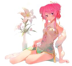 Rule 34 | 1girl, alternate costume, bare arms, bare shoulders, blush, china dress, chinese clothes, double bun, dress, flower, hair bun, himehina channel, lily (flower), long bangs, long hair, looking at viewer, multicolored hair, nogi lace, pink hair, smile, solo, tanaka hime, virtual youtuber