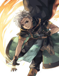 Rule 34 | 1boy, anocurry, artist name, boey (fire emblem), brown eyes, cape, circlet, dark skin, fire, fire emblem, fire emblem echoes: shadows of valentia, gloves, male focus, nintendo, simple background, solo, upper body, white background, white hair