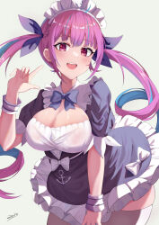 Rule 34 | 1girl, absurdres, blue bow, blue bowtie, blue dress, blue hair, blue ribbon, blush, bow, bowtie, breasts, cleavage, colored inner hair, commentary request, cowboy shot, dress, frilled dress, frills, hair ribbon, hand up, highres, hololive, index finger raised, large breasts, leaning forward, looking at viewer, maid headdress, minato aqua, minato aqua (1st costume), multicolored hair, open mouth, pink eyes, pink hair, ribbon, short sleeves, simple background, smile, solo, streaked hair, thighhighs, twintails, virtual youtuber, white background, white thighhighs, zino zinuo