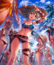 Rule 34 | 10s, 6+girls, aqua eyes, arm up, ass, asymmetrical gloves, backless outfit, bare back, beach, belt, bikini, black bikini, black gloves, blonde hair, blue bikini, blue hair, breasts, brown hair, butt crack, casual one-piece swimsuit, character request, cloud, day, fingerless gloves, flower, gloves, green hair, hair flower, hair ornament, hand on own hip, hat, head wreath, highres, lee hyeseung, medium breasts, multiple girls, navel, official art, one-piece swimsuit, outdoors, pink hair, red bikini, shingeki no bahamut, short hair, side-tie bikini bottom, sideboob, single glove, sky, swimsuit, sword, tree, uneven gloves, weapon, white one-piece swimsuit, wrist cuffs