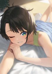 Rule 34 | 1girl, absurdres, alternate costume, bed sheet, black hair, blue eyes, blurry, casual, commentary, depth of field, feet out of frame, feet up, hara kenshi, highres, hololive, light particles, looking at viewer, lying, messy hair, morning, on bed, on stomach, one eye closed, oozora subaru, parted bangs, parted lips, short hair, sleeveless, smile, solo, sunlight, virtual youtuber