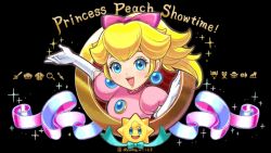Rule 34 | 1girl, blonde hair, blue eyes, bow, breasts, commentary request, copyright name, cosmetics, dress, earrings, elbow gloves, gloves, highres, jewelry, looking at viewer, mario (series), metro-goldwyn-mayer, nintendo, pink bow, pink dress, ponytail, princess peach, princess peach: showtime!, short sleeves, sphere earrings, star (symbol), stella (peach), suruga kanade, white gloves