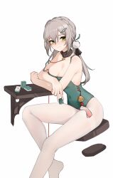Rule 34 | 1girl, bare arms, bare shoulders, between fingers, blush, braid, breasts, cleavage, closed mouth, commentary request, covered navel, crown braid, feet out of frame, green eyes, green leotard, grey hair, hair between eyes, hair ornament, hairclip, highres, holding, honkai: star rail, honkai (series), inniyik, leotard, long hair, looking at viewer, low twintails, mahjong, mahjong tile, medium breasts, no shoes, pantyhose, qingque (honkai: star rail), simple background, smile, solo, strap slip, table, twintails, white background, white pantyhose
