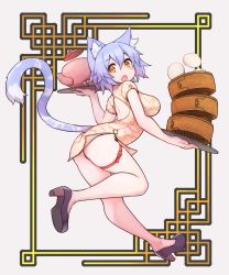 Rule 34 | 1girl, animal ears, ass, blue hair, blush, breasts, cat ears, cat tail, china dress, chinese clothes, chinese food, dress, food, highres, holding, large breasts, looking at viewer, open mouth, orange eyes, original, ryota tentei, scar, short hair, solo, tail, tora tentei
