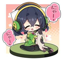 Rule 34 | 1girl, :d, ^ ^, absurdres, animal, animal ear fluff, black hair, black thighhighs, blush, brown background, cat, closed eyes, collared shirt, commentary request, detached sleeves, green jacket, green skirt, green sleeves, hair between eyes, halftone, halftone background, headphones, highres, holding, holding animal, jacket, kyoumachi seika, long sleeves, milkpanda, necktie, notice lines, open mouth, red necktie, shirt, short eyebrows, sitting, skirt, sleeveless, sleeveless jacket, sleeves past wrists, smile, solo, thick eyebrows, thighhighs, translation request, voiceroid, wariza, white shirt, wide sleeves