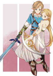Rule 34 | 1boy, 1girl, armlet, armor, bare shoulders, belt, belt buckle, blonde hair, blue eyes, blue tunic, border, bow (weapon), brown belt, brown footwear, buckle, closed mouth, collarbone, commentary request, dress, eyelashes, fingerless gloves, fingernails, frown, full body, gloves, green eyes, grey gloves, highres, holding, holding bow (weapon), holding sword, holding weapon, layered sleeves, leaftin, light smile, link, long hair, long sleeves, looking at viewer, medium dress, nintendo, parted lips, pleated dress, pointy ears, princess zelda, red background, sandals, sash, shirt, short hair with long locks, short over long sleeves, short sleeves, single strap, sleeveless, sleeveless dress, straight hair, sword, the legend of zelda, the legend of zelda: breath of the wild, triangle print, v-shaped eyebrows, weapon, white border, white dress, white shirt
