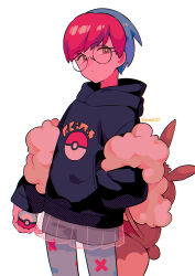 Rule 34 | 1girl, backpack, bag, black hoodie, blue hair, brown bag, closed mouth, commentary, creatures (company), game freak, glasses, hand in pocket, highres, holding, holding poke ball, hood, hood down, hoodie, long sleeves, menma (enaic31), multicolored hair, nintendo, pantyhose, penny (pokemon), poke ball, poke ball (basic), poke ball print, pokemon, pokemon sv, print pantyhose, red hair, round eyewear, see-through, see-through skirt, short hair, shorts, shorts under skirt, simple background, skirt, solo, two-tone hair, white background