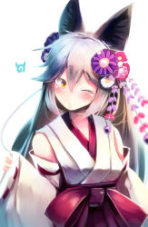 Rule 34 | 1girl, absurdres, alternate costume, animal ears, black hair, blush, brown eyes, closed mouth, detached sleeves, flower, fox ears, hair flower, hair ornament, highres, japanese clothes, japari symbol, kanzakietc, kemono friends, kemono friends festival, looking at viewer, miko, multicolored hair, one eye closed, silver fox (kemono friends), silver hair, simple background, sketch, solo, two-tone hair, upper body, white background
