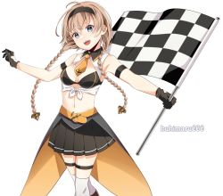 Rule 34 | 1girl, anchor symbol, bare shoulders, black bra, black gloves, black hairband, black skirt, boots, bra, braid, breasts, brown footwear, checkered flag, flag, gloves, grey eyes, hair ornament, hairband, holding, holding flag, kantai collection, kukimaru, light brown hair, long hair, medium breasts, navel, necktie, open mouth, outstretched arms, pleated skirt, race queen, simple background, skirt, sleeveless, smile, solo, tagme, teruzuki (kancolle), thighhighs, twin braids, twitter username, underwear, white background, white thighhighs, yellow necktie