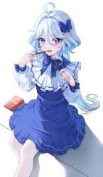 Rule 34 | 1girl, blue bow, blue dress, blue eyes, blue hair, bow, chocolate, dress, food, furina (genshin impact), genshin impact, hair bow, heterochromia, long hair, long sleeves, mismatched pupils, multicolored hair, open mouth, pantyhose, pocky, pocky day, sicle, smile, solo, white hair, white pantyhose