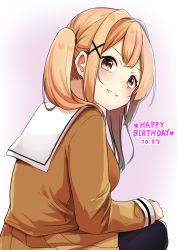 Rule 34 | 1girl, bang dream!, black pantyhose, blush, breasts, brown eyes, brown hair, brown shirt, brown skirt, dated, grin, hair intakes, hair ornament, happy birthday, ichigaya arisa, long hair, long sleeves, looking at viewer, looking to the side, medium breasts, minato yu, pantyhose, pink background, pleated skirt, sailor collar, shirt, sidelocks, skirt, sleeves past wrists, smile, solo, twintails, white sailor collar, x hair ornament