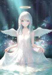 Rule 34 | 1girl, absurdres, angel, angel wings, blue eyes, blurry, blurry background, breasts, cleavage, closed mouth, dappled sunlight, dress, feathered wings, forest, halo, highres, long hair, looking at viewer, medium breasts, medium hair, nature, ojay tkym, original, outdoors, pond, signature, solo, standing, sunlight, water, wet, wet clothes, wet dress, white dress, white hair, white wings, wings