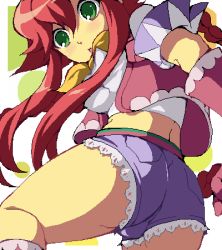 Rule 34 | 1girl, blue shorts, breasts, cameltoe, enoo, frills, gloves, green eyes, jaggy lines, legs, long hair, looking back, lowres, medium breasts, necktie, oekaki, pink gloves, rebecca streisand, red hair, shorts, sidelocks, solo, surprised, taut clothes, thighs, trefoil, vest, wild arms, wild arms 5