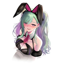 Rule 34 | 1girl, :q, absurdres, animal ears, asymmetrical bangs, bare shoulders, black hairband, black sleeves, breasts, cleavage, cleavage cutout, clothing cutout, detached collar, detached sleeves, dress, earrings, fake animal ears, foreshortening, from above, green hair, hair between eyes, hairband, heart, heart-shaped pupils, heart earrings, highres, jewelry, lace, lace-trimmed dress, lace trim, large breasts, long hair, looking at viewer, mole, mole on breast, naughty face, necktie, niameeless, official alternate costume, purple eyes, rabbit ears, red necktie, simple background, solo, swept bangs, symbol-shaped pupils, tongue, tongue out, twintails, virtual youtuber, vspo!, white background, yakumo beni, yakumo beni (2nd costume)