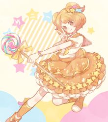 Rule 34 | 1girl, brown eyes, candy, character name, dress, earrings, food, frills, full body, hair ornament, hairpin, jewelry, lollipop, mikuni (open-ranka), orange dress, orange footwear, orange hair, otoca d&#039;or, rainbow order, sailor collar, shoes, short hair, short twintails, simple background, smile, socks, solo, star (symbol), star hair ornament, striped, striped background, sunny (otoca d&#039;or), sunny (otoca doll), swirl lollipop, twintails, v