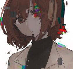 Rule 34 | 1girl, a.i. voice, adachi rei, black shirt, closed mouth, commentary, empty eyes, expressionless, glitch, hair ribbon, headphones, jacket, light frown, looking at viewer, microphone, mu (fyt8ozu7rxqyoy4), muted color, one side up, open clothes, open jacket, orange eyes, orange hair, orange ribbon, portrait, ribbon, shirt, short hair, simple background, solo, turtleneck, utau, white background, white jacket