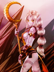 Rule 34 | 1girl, blush, breasts, colored skin, crescent, female focus, horns, large breasts, league of legends, long hair, looking at viewer, looking to the side, naked tabard, pelvic curtain, pointy ears, ponytail, purple skin, sideboob, single horn, solo, soraka (league of legends), staff, tabard, tattoo, very long hair, waterring, white hair, yellow eyes