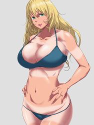 Rule 34 | 10s, 1girl, :d, atago (kancolle), blonde hair, breasts, collarbone, green eyes, hands on own hips, highres, huge breasts, kantai collection, navel, open mouth, simple background, smile, solo, tan, tanline, thick thighs, thighs, tsubooi, wide hips