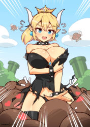 Rule 34 | blonde hair, blue eyes, blush, bowsette, breasts, cleavage, goomba, heart, heart-shaped pupils, highres, horns, huge breasts, mario (series), new super mario bros. u deluxe, nintendo, super crown, super mario bros. 1, symbol-shaped pupils, underwear