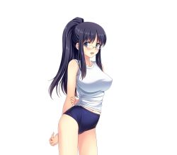 Rule 34 | 1girl, arms behind back, bare arms, bare legs, blue eyes, blush, breasts, buruma, cowboy shot, embarrassed, eyebrows, game cg, glasses, gym uniform, jinno ai, kuroda akimi, large breasts, legs, long hair, looking at viewer, open mouth, original, ponytail, purple hair, simple background, sleeveless, solo, standing, thighs, tsumamigui 3, white background