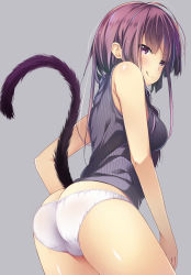 Rule 34 | 1girl, ass, breasts, brown eyes, brown hair, butt crack, commentary request, from behind, grey background, grey shirt, highres, kazumasa, looking back, no pants, original, panties, shirt, short hair, simple background, sleeveless, sleeveless shirt, small breasts, smile, solo, tail, underwear, white panties