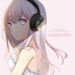 Rule 34 | 1girl, blue eyes, chiroyo, commentary, cover, cover page, dress, english commentary, english text, frilled dress, frills, headphones, long hair, original, pink hair, profile, solo, upper body, white dress