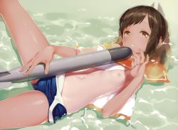 Rule 34 | 1girl, absurdres, blue one-piece swimsuit, brown eyes, brown hair, clothes pull, day, dutch angle, flat chest, gayarou, highres, holding, i-401 (kancolle), kantai collection, looking at viewer, lying, navel, nipples, non-web source, on back, one-piece swimsuit, one-piece swimsuit pull, one-piece tan, outdoors, parted lips, partially submerged, phallic symbol, sailor collar, scan, school swimsuit, sexually suggestive, solo, spread legs, swimsuit, tan, tanline, torpedo, water