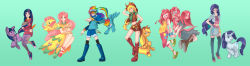Rule 34 | 6+girls, absurdres, angel (my little pony), applejack, apron, aqua eyes, argyle, argyle clothes, argyle legwear, bag, balloon, belt, belt buckle, black leggings, blonde hair, blue eyes, book, boots, bow, bracelet, buckle, casual, cowboy hat, cowboy western, curly hair, cutie mark, dark persona, denim, denim shorts, diamond (shape), dress, dual persona, facial mark, feathers, fingernails, fluttershy, food, freckles, fringe trim, frown, fruit, glasses, gloves, goggles, goggles on head, gomipomi, green eyes, hand on headwear, hand on own hip, handbag, hat, highres, holding, holding clothes, holding hat, horns, jacket, jewelry, leggings, legs, long hair, long image, looking at viewer, low-tied long hair, midriff, miniskirt, multicolored hair, multiple girls, multiple persona, my little pony, my little pony: friendship is magic, nail polish, necklace, one eye closed, open mouth, pantyhose, pegasus, pendant, personification, pinafore dress, pink hair, pinkie pie, pony (animal), ponytail, purple eyes, purple hair, quill, rabbit, rainbow dash, rainbow hair, rarity (my little pony), red eyes, ribbon, sandals, shirt, shoes, shorts, simple background, single horn, skirt, sleeveless, sleeveless dress, smile, sneakers, standing, sunglasses, sweater, tail, tank top, thighhighs, tied shirt, twilight sparkle, unicorn, very long hair, vest, wide image, wings, wink, wristband, yellow dress, zettai ryouiki
