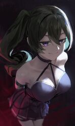 Rule 34 | 1girl, bare shoulders, black background, black choker, black dress, black hair, breasts, choker, commentary request, cowboy shot, dress, gomashiwo o, hair between eyes, halterneck, highres, large breasts, leaning forward, long hair, looking at viewer, pleated dress, purple eyes, side ponytail, sleeveless, sleeveless dress, smile, solo, sousou no frieren, standing, ubel (sousou no frieren)