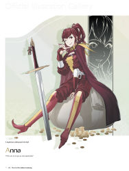 Rule 34 | absurdres, anna (fire emblem), belt, boots, bridal gauntlets, cape, character name, coin, fingernails, fire emblem, fire emblem awakening, full body, gold coin, hand up, highres, knee boots, kozaki yuusuke, lips, long hair, long sleeves, looking at viewer, nintendo, official art, one eye closed, page number, pants, ponytail, red eyes, red hair, red pants, sack, simple background, sitting, smile, solo, sword, weapon