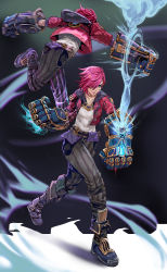 Rule 34 | 1girl, absurdres, arcane: league of legends, arcane vi, belt, blurry, blurry background, breasts, brown belt, brown pants, character name, clenched hands, closed mouth, collarbone, commentary request, facial tattoo, foot up, gauntlets, hair over one eye, highres, hood, hood down, jacket, lan xiezi, league of legends, long sleeves, multiple views, one eye covered, pants, red jacket, shirt, shoes, short hair, small breasts, striped clothes, striped pants, tattoo, vi (league of legends)