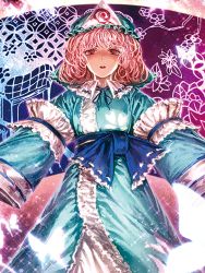 Rule 34 | 1girl, bad id, bad pixiv id, blue dress, blue hat, blue ribbon, bonnet, bug, butterfly, cherry print, collar, curly hair, dress, food print, frills, hat, insect, lain, long sleeves, looking at viewer, mob cap, neck ribbon, obi, open mouth, pink hair, red eyes, ribbon, ribbon-trimmed collar, ribbon-trimmed sleeves, ribbon trim, saigyouji yuyuko, saigyouji yuyuko&#039;s fan design, sash, short hair, solo, teeth, touhou, triangular headpiece, white collar, white ribbon, wide sleeves