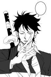 Rule 34 | 1boy, absurdres, black hair, blank speech bubble, chainsaw man, cosplay, earrings, finger tattoo, formal, greyscale, hand gesture, hand tattoo, hand up, hayakawa aki, hayakawa aki (cosplay), hgacd8, highres, jewelry, male focus, monochrome, necktie, one eye closed, one piece, open mouth, parody, short hair, solo, speech bubble, suit, sword, tattoo, trafalgar law, weapon, weapon on back
