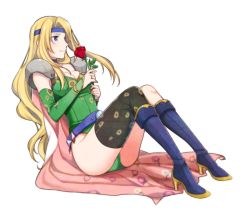 Rule 34 | 1girl, armor, bad id, bad pixiv id, blonde hair, blue choker, blue eyes, blue footwear, blue headband, boots, breasts, cape, celes chere, choker, cleavage, closed mouth, detached sleeves, final fantasy, final fantasy vi, floral print, flower, full body, green leotard, green sleeves, hair intakes, headband, high heel boots, high heels, holding, holding flower, krudears, leaning back, leotard, long hair, long sleeves, medium breasts, pink cape, print cape, print sleeves, print thighhighs, red flower, red rose, rose, shoulder armor, simple background, single thighhigh, sitting, smile, solo, thighhighs, very long hair, white background