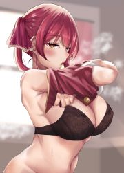 Rule 34 | 1girl, black bra, blush, bra, breasts, cleavage, clothes lift, hair ribbon, heterochromia, highres, hololive, houshou marine, large breasts, long hair, looking at viewer, navel, open mouth, red eyes, red hair, red ribbon, ribbon, shiki (catbox230123), shirt lift, solo, twintails, underwear, virtual youtuber, yellow eyes