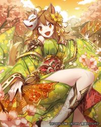 Rule 34 | 1girl, absurdres, ahoge, amakitsune, animal ears, bell, bow, brown hair, cherry blossoms, facial mark, floral print, flower, folding fan, green eyes, hair flower, hair ornament, hand fan, highres, japanese clothes, kimono, lee hyeseung, mask, official art, open mouth, orange eyes, ribbon, seikon no arcana, seikon no qwaser, solo, tail, whisker markings, wolf ears, wolf tail