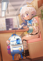 Rule 34 | 1girl, absurdres, aged down, amane kanata, armband, audio jack, backpack, bag, black footwear, blue bow, blue bowtie, blue hair, blue panties, blue socks, blush, book, boots, bow, bowtie, character doll, character request, closed mouth, commentary, dress, english commentary, full body, hair ornament, headphones, highres, holding, holding book, hololive, indie virtual youtuber, long sleeves, mixed-language commentary, multicolored hair, nanachides, panties, plaid socks, purple eyes, shigure ui (vtuber), shigure ui (vtuber) (young), sitting, smile, socks, star (symbol), star hair ornament, streaked hair, underwear, virtual youtuber, white dress, white hair, yellow armband