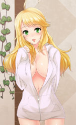 Rule 34 | 1girl, :p, ahoge, blonde hair, blush, bottomless, breasts, cleavage, green eyes, hood, hoodie, hoshii miki, idolmaster, idolmaster (classic), large breasts, long hair, no bra, open clothes, open shirt, oyu-san, shiny skin, shirt, solo, thigh gap, tongue, tongue out
