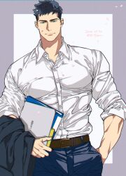 Rule 34 | 1boy, bara, belt, binder, blue hair, blue pants, book, brown belt, closed mouth, collared shirt, commentary request, cowboy shot, dark blue hair, dated, falling petals, grey background, hand in pocket, holding, holding book, jacket on arm, looking at viewer, makito hanabie, male focus, muscular, muscular male, pants, petals, rabbit in the room, shirt, short hair, solo, twitter username, two-tone background, white shirt, wrinkled fabric, yan (bltyann)