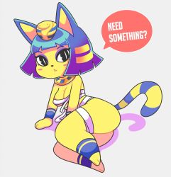 Rule 34 | 1girl, animal crossing, animal ears, animal hands, animal nose, ankha (animal crossing), areola slip, arm support, ass, bandages, black eyes, blue fur, blue hair, blunt bangs, blunt ends, blush stickers, bob cut, body fur, bottomless, breasts, bright pupils, cat ears, cat girl, cat paws, cat tail, cleavage, colored skin, commentary, covered erect nipples, egyptian, english commentary, english text, eyeliner, eyeshadow, full body, furry, furry female, gradient hair, grey background, hair ornament, highres, looking at viewer, makeup, medium breasts, multicolored hair, naked bandage, nintendo, onigiri punch, purple eyeshadow, purple hair, short hair, simple background, slit pupils, snake hair ornament, solo, speech bubble, striped tail, tail, talking, triangle mouth, two-tone fur, underboob, usekh collar, white pupils, yellow fur, yellow skin