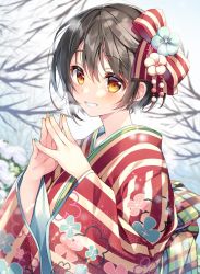 Rule 34 | 1girl, bare tree, black hair, blush, border, bow, brown eyes, commentary request, fingernails, grin, hair between eyes, hair bow, hair ornament, hands up, japanese clothes, kimono, long sleeves, looking at viewer, nail polish, original, outdoors, own hands together, print kimono, short hair, smile, snow, solo, striped, striped bow, suimya, tree, upper body, wide sleeves, winter