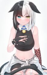 Rule 34 | 1girl, animal ears, asymmetrical gloves, aurahman, bare shoulders, bell, black hair, black shirt, black shorts, black tail, blue eyes, blush, breasts, bridal gauntlets, cat ears, cat tail, closed mouth, clothes around waist, collar, commentary, corrupted twitter file, crop top, fishnet gloves, fishnets, gloves, heterochromia, highres, jacket, jacket around waist, jingle bell, large breasts, looking to the side, medium hair, midriff, multicolored hair, navel, original, shirt, shorts, sitting, solo, split-color hair, streaked hair, tail, two-tone hair, uneven gloves, upper body, white background, white collar, white hair, white jacket, yellow eyes