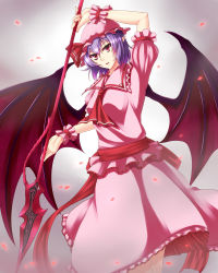 Rule 34 | 1girl, absurdres, aged up, bad id, bad pixiv id, bat wings, blue hair, breasts, commentary request, dress, highres, large wings, looking at viewer, medium breasts, polearm, red eyes, remilia scarlet, solo, spear, spear the gungnir, touhou, vampire, weapon, wings, zellam