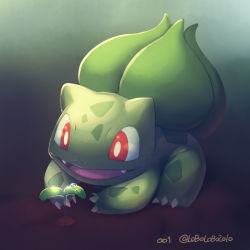 Rule 34 | bright pupils, bulbasaur, claws, commentary request, creatures (company), fangs, game freak, gen 1 pokemon, looking down, momoji (lobolobo2010), nintendo, no humans, open mouth, pokedex number, pokemon, pokemon (creature), red eyes, sapling, smile, solo, tongue, twitter username, water drop, white pupils