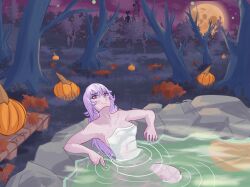 Rule 34 | 1girl, artist name, autumn leaves, blush, breasts, breasts apart, cleavage, cloud, cloudy sky, collarbone, covering privates, forest, full moon, halloween, highres, long hair, looking at viewer, luigi&#039;s mansion, mario (series), medium breasts, moon, multicolored background, naked towel, nature, navel, niftyrobo, night, nintendo, nude cover, onsen, outdoors, partially submerged, princess king boo, pumpkin, purple hair, red eyes, shallow water, sky, solo, star (sky), starry sky, steam, towel, tree, water, wet, wet towel, wide hips